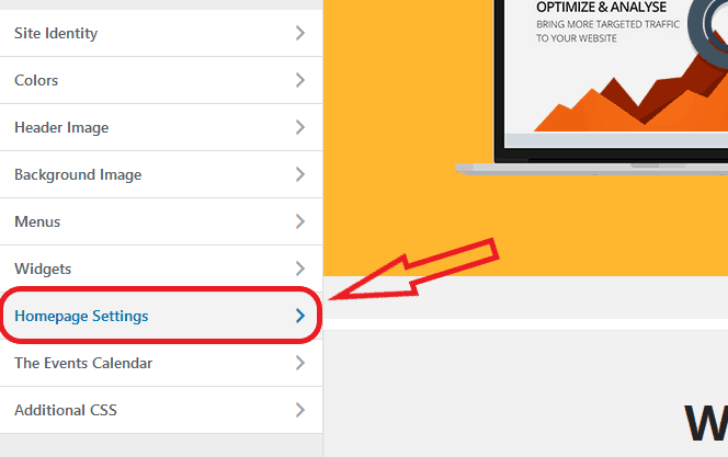navigating to your homepage settings in wordpress